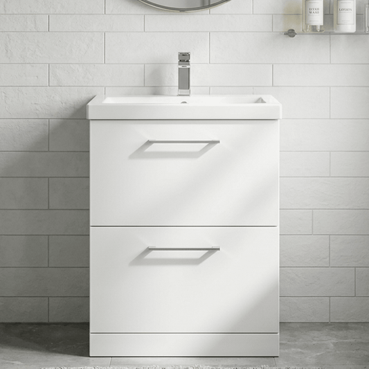 [BFLE133A] Balterley Modern Bathroom 2 Drawer Floor Standing Vanity Unit & Rectangular Mid-Edge Basin, Gloss White, 600 mm - Silo