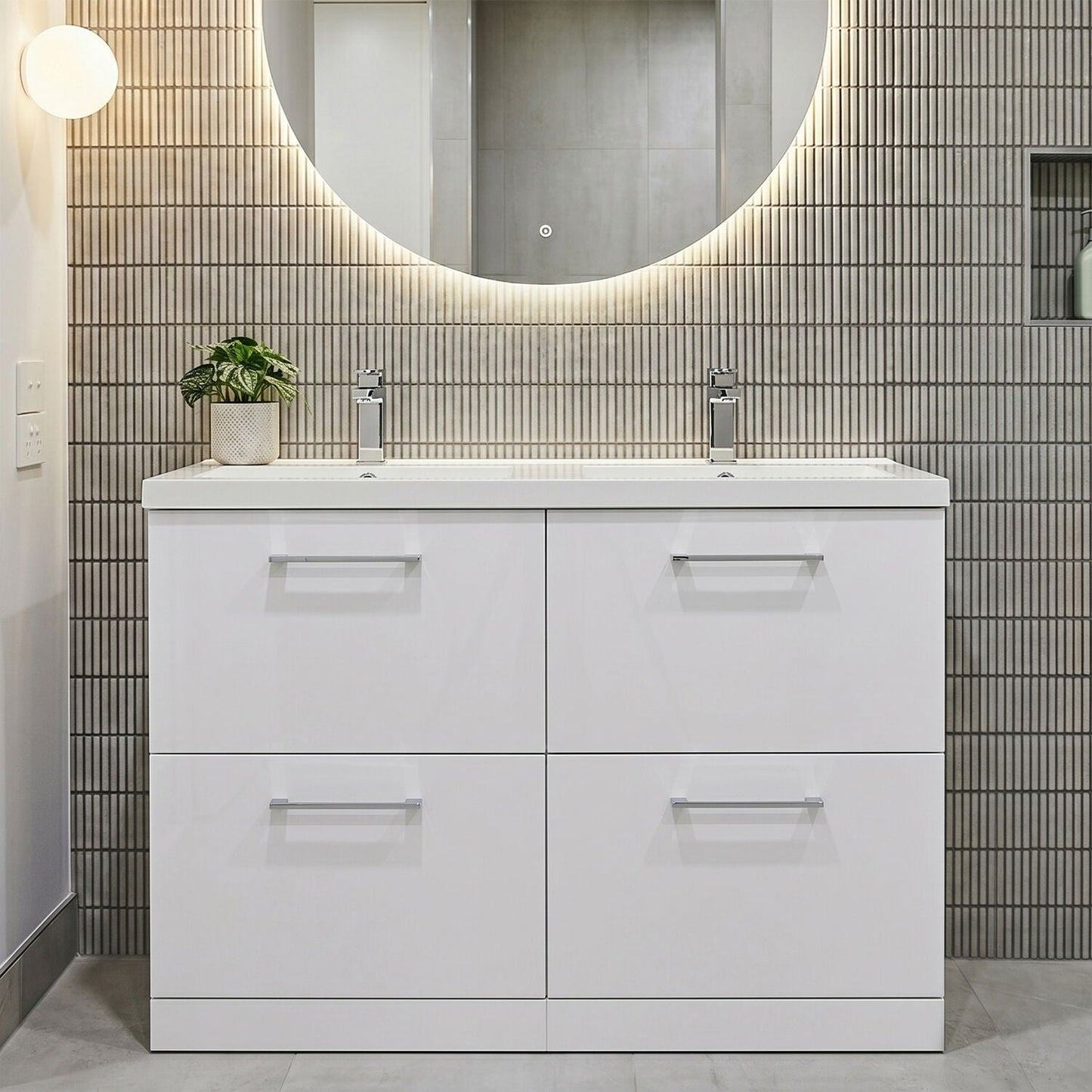 [BFLE133C2] Balterley Level 1200mm Floor Standing 4 Drawer Vanity Unit with Double Basin, Handles & Overflow for Bathroom Storage Gloss White - Silo
