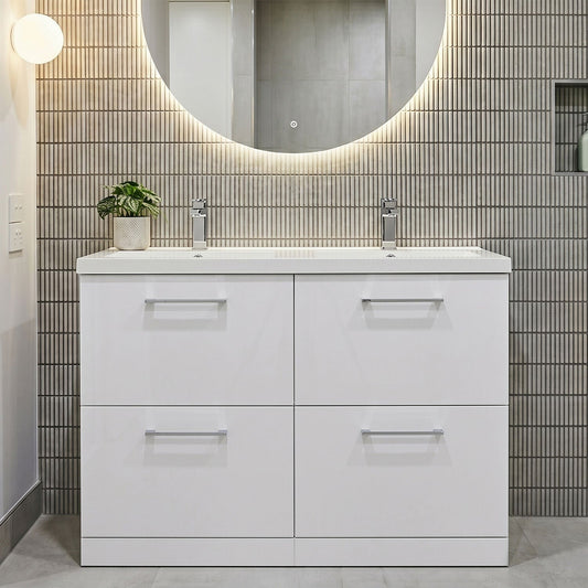 [BFLE133C2] Balterley Level 1200mm Floor Standing 4 Drawer Vanity Unit with Double Basin, Handles & Overflow for Bathroom Storage Gloss White - Silo