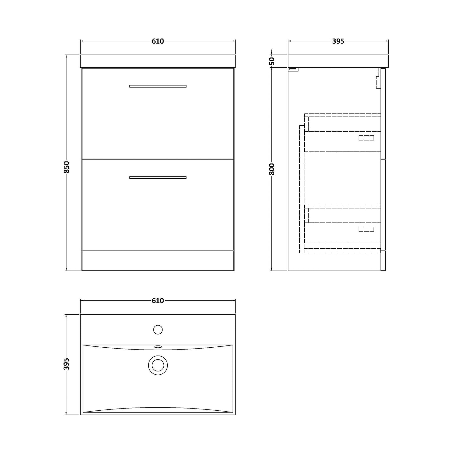 [BFLE133D] Balterley  Contemporary Bathroom 2 Soft Close Drawer & Thin-Edge Vanity Unit Basin, Gloss White, 600mm - Technical Drawing