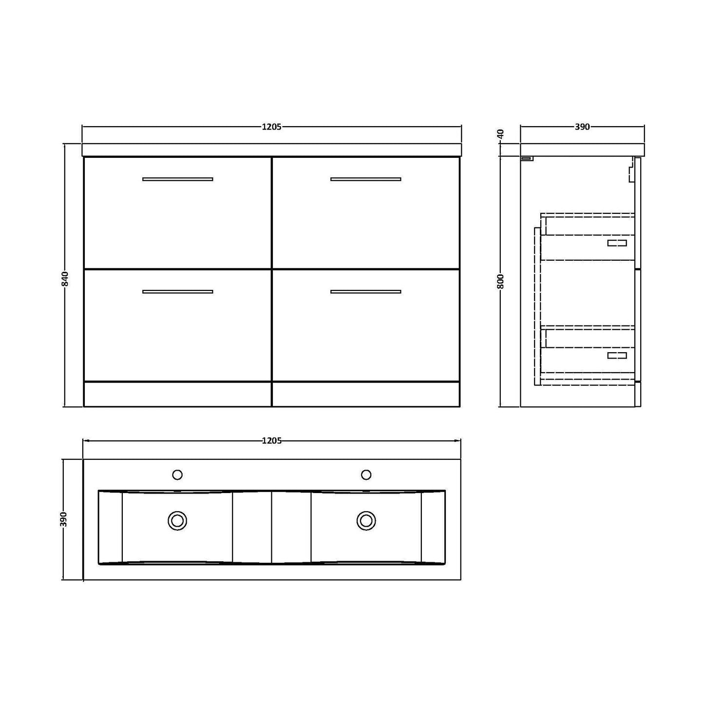 [BFLE133F2] Balterley Level 1200mm Floor Standing 4 Drawer Vanity Unit with Double Basin, Handles & Overflow for Bathroom Storage Gloss White - Technical Drawing