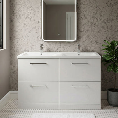 [BFLE133F2] Balterley Level 1200mm Floor Standing 4 Drawer Vanity Unit with Double Basin, Handles & Overflow for Bathroom Storage Gloss White - Silo