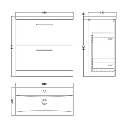 [BFLE135A] Balterley Modern Bathroom 2 Drawer Floor Standing Vanity Unit & Rectangular Mid-Edge Basin, Gloss White, 800 mm - Technical Drawing