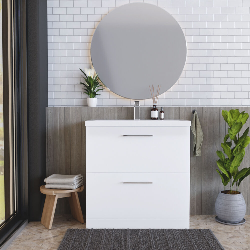 [BFLE135A] Balterley Modern Bathroom 2 Drawer Floor Standing Vanity Unit & Rectangular Mid-Edge Basin, Gloss White, 800 mm - Lifestyle 1