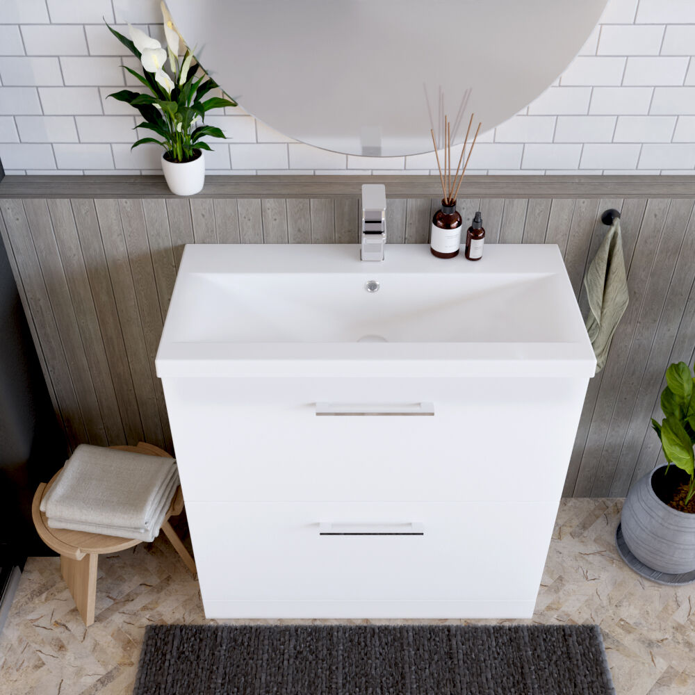 [BFLE135A] Balterley Modern Bathroom 2 Drawer Floor Standing Vanity Unit & Rectangular Mid-Edge Basin, Gloss White, 800 mm - Lifestyle 2