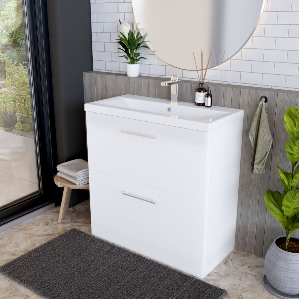 [BFLE135A] Balterley Modern Bathroom 2 Drawer Floor Standing Vanity Unit & Rectangular Mid-Edge Basin, Gloss White, 800 mm - Lifestyle 3