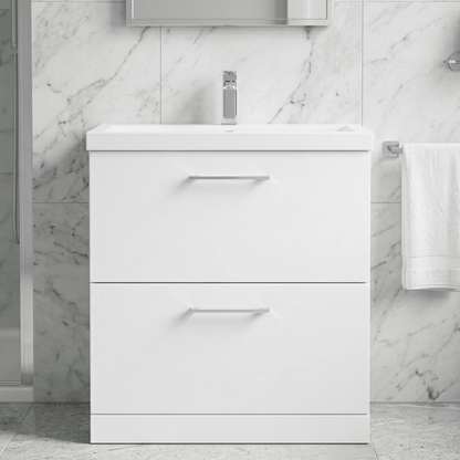 [BFLE135A] Balterley Modern Bathroom 2 Drawer Floor Standing Vanity Unit & Rectangular Mid-Edge Basin, Gloss White, 800 mm - Silo