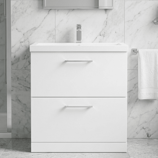 [BFLE135A] Balterley Modern Bathroom 2 Drawer Floor Standing Vanity Unit & Rectangular Mid-Edge Basin, Gloss White, 800 mm - Silo