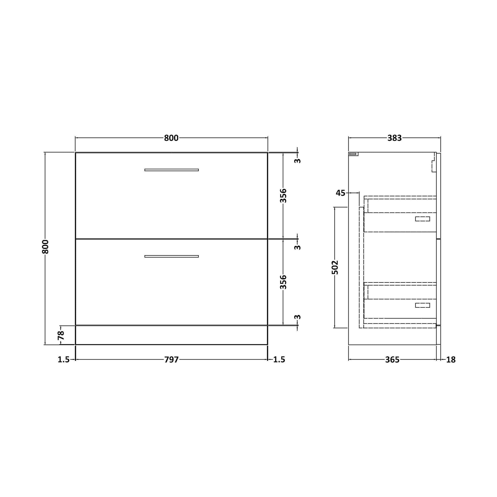 [BFLE135] 800 FS 2-DRAWER UNIT (365 Deep) - Technical Drawing