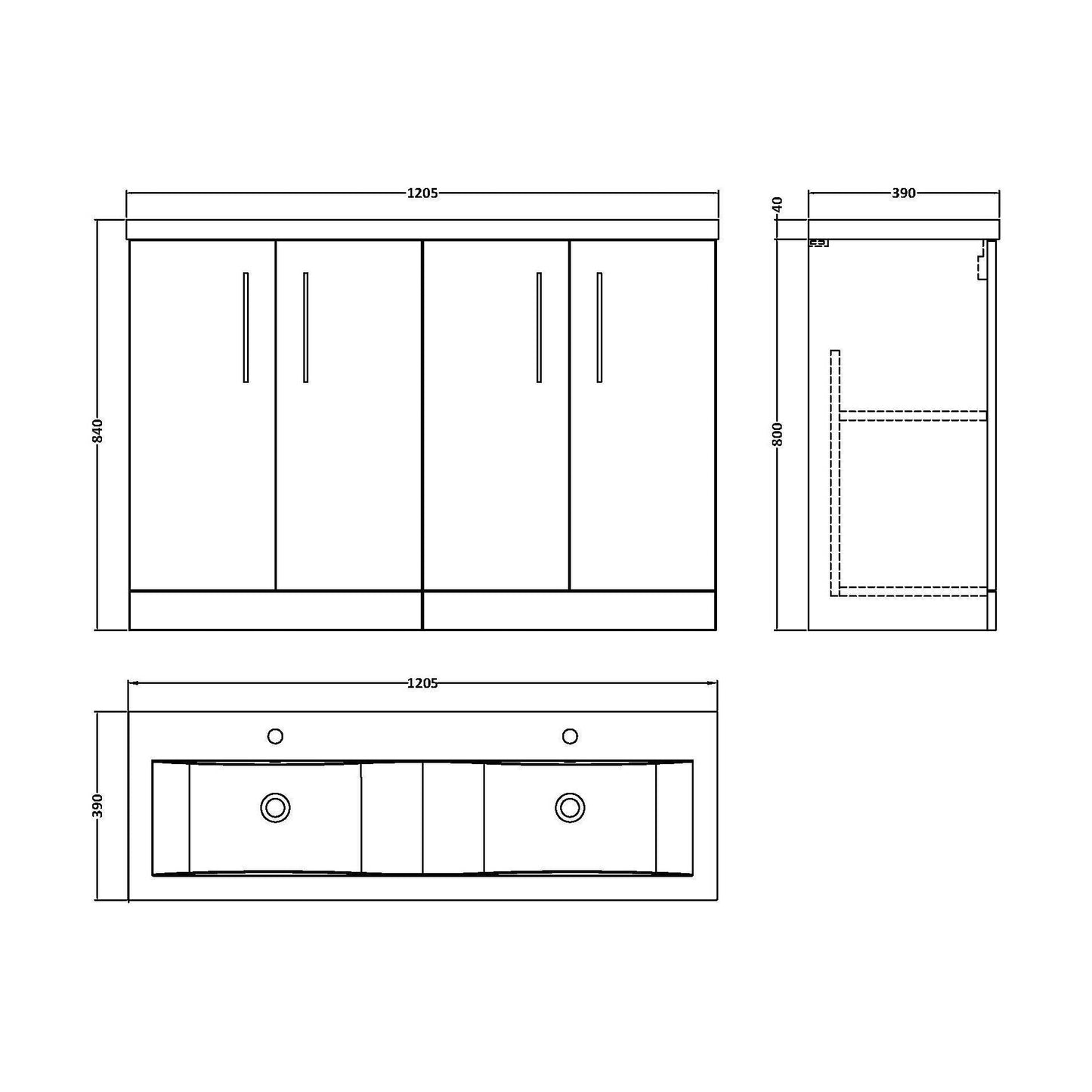 [BFLE1403F2] Bramshall Floor Standing 4 Door Vanity Basin Unit - Choice of Colour and Basin Type - Technical Drawing