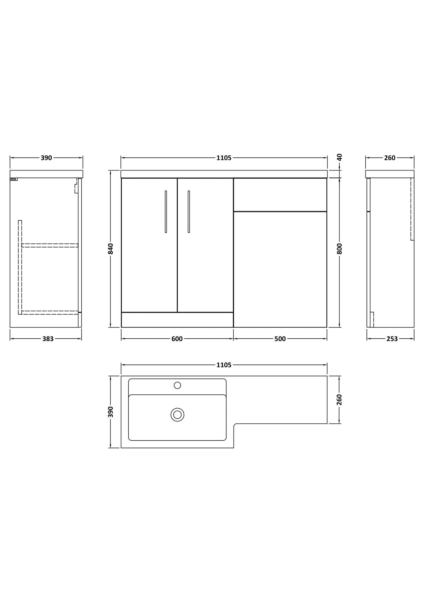 [BFLE1411L] Bramshall Combination Vanity Unit with Basin & WC, Left Hand, 1100mm x 390mm - Choice of Colour and Handle Finish - Technical Drawing