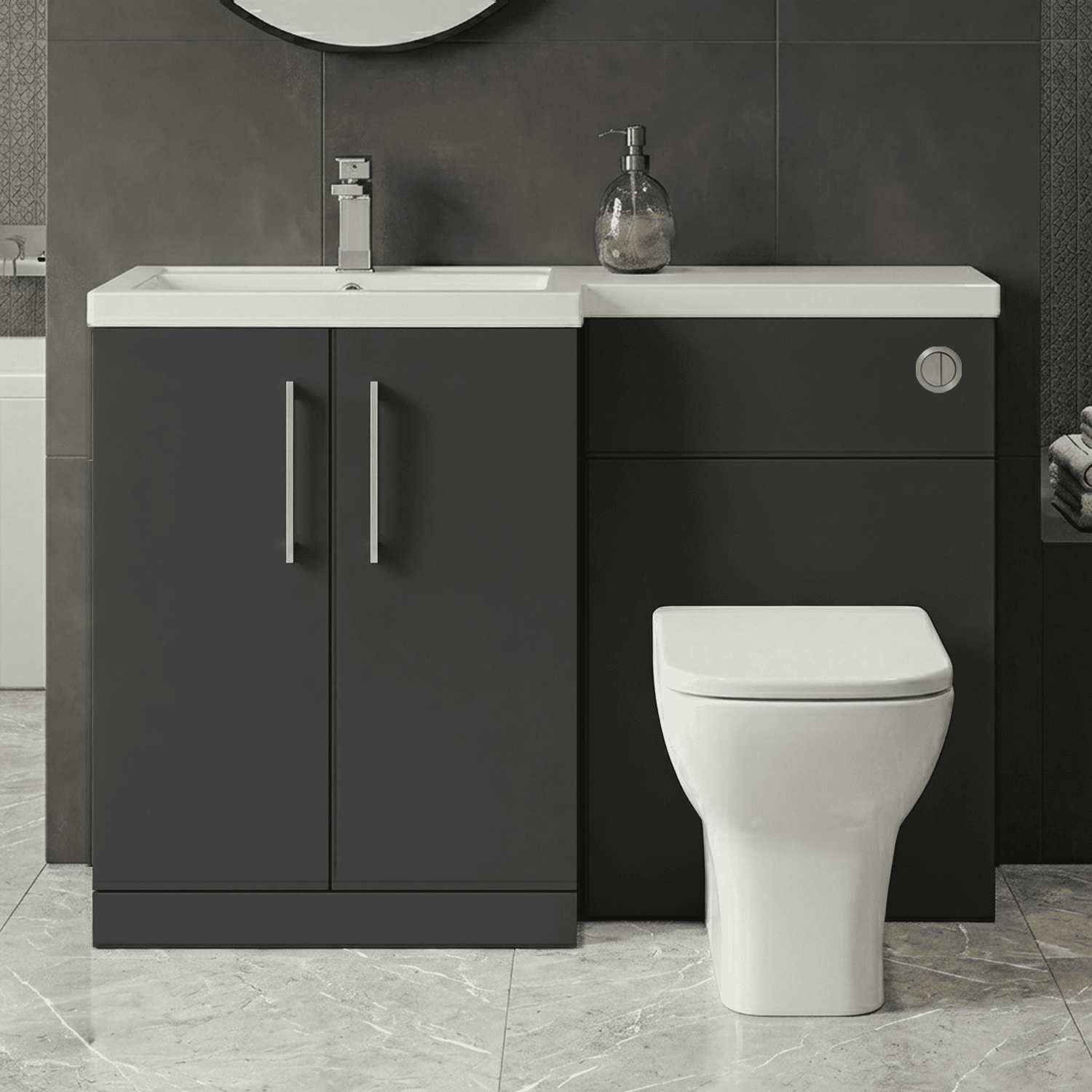 [BFLE1411L] Bramshall Combination Vanity Unit with Basin & WC, Left Hand, 1100mm x 390mm - Choice of Colour and Handle Finish - Silo
