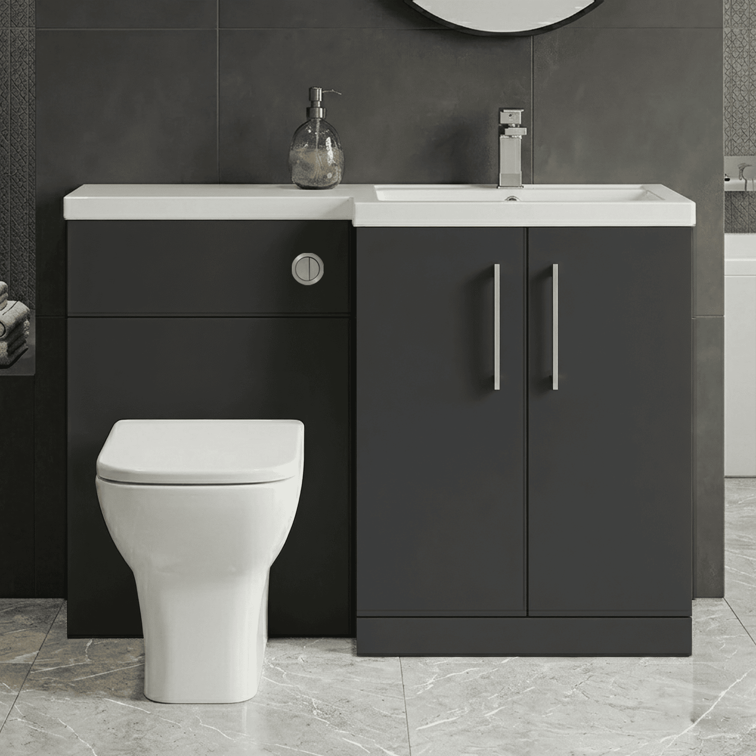 [BFLE1411R] Bramshall Combination Vanity Unit with Basin & WC, Right Hand, 1100mm x 390mm - Choice of Colour and Handle Finish - Silo