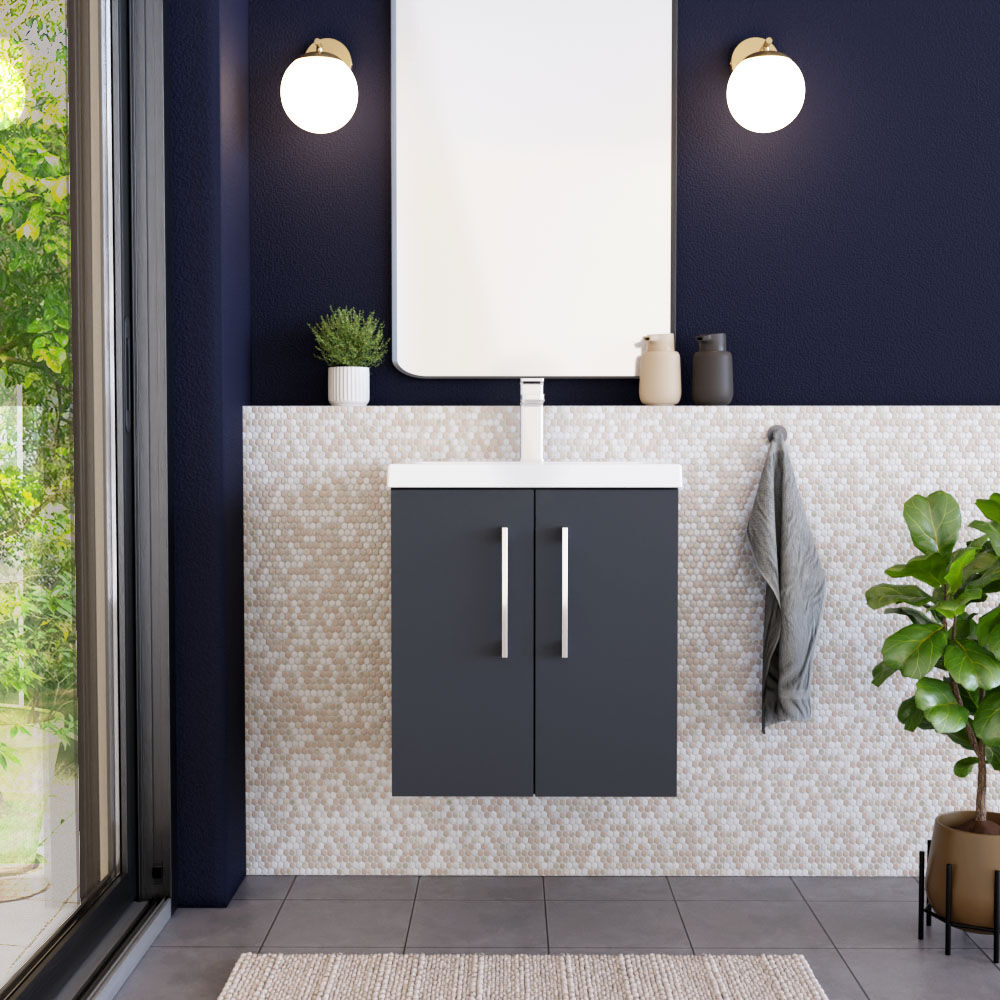 [BFLE1421A] Bramshall Contemporary 2 Door Wall Hung Vanity Basin Unit with Mid-Edge Basin, Choice of Size and Colour - Lifestyle 1