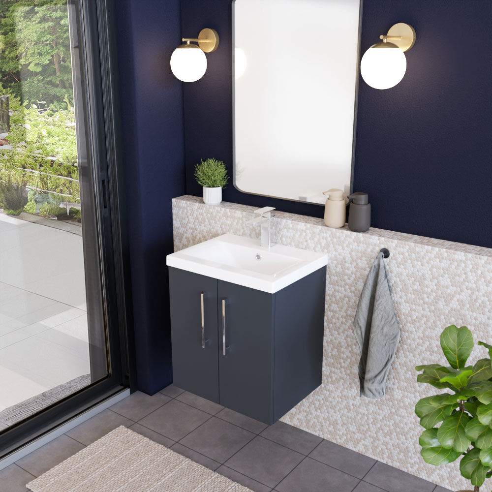 [BFLE1421A] Bramshall Contemporary 2 Door Wall Hung Vanity Basin Unit with Mid-Edge Basin, Choice of Size and Colour - Lifestyle 3