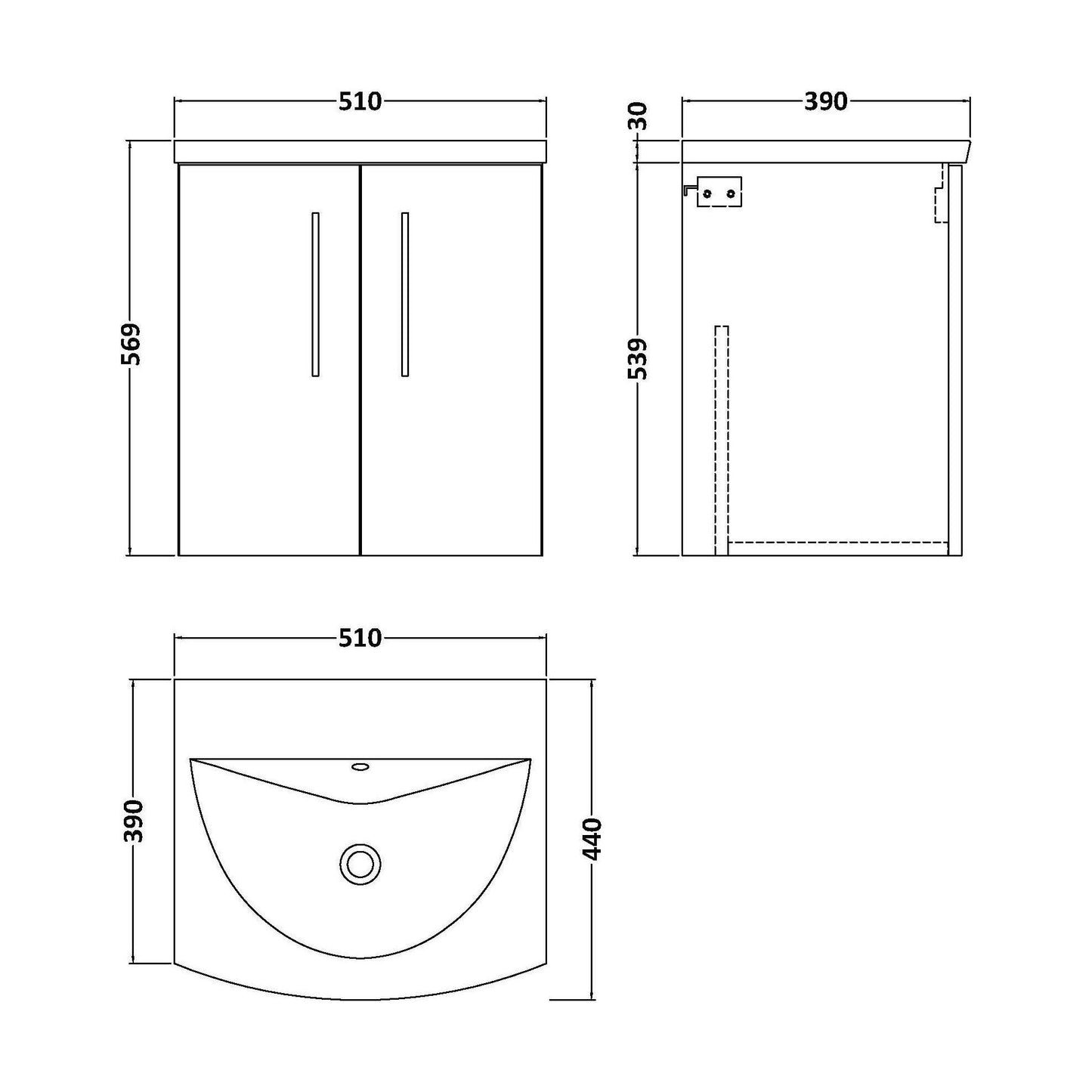 [BFLE1421G] Balterley  Contemporary Bathroom 2-Door Wall-Hung Curved Basin Vanity Unit, Dark Grey, 500mm - Technical Drawing