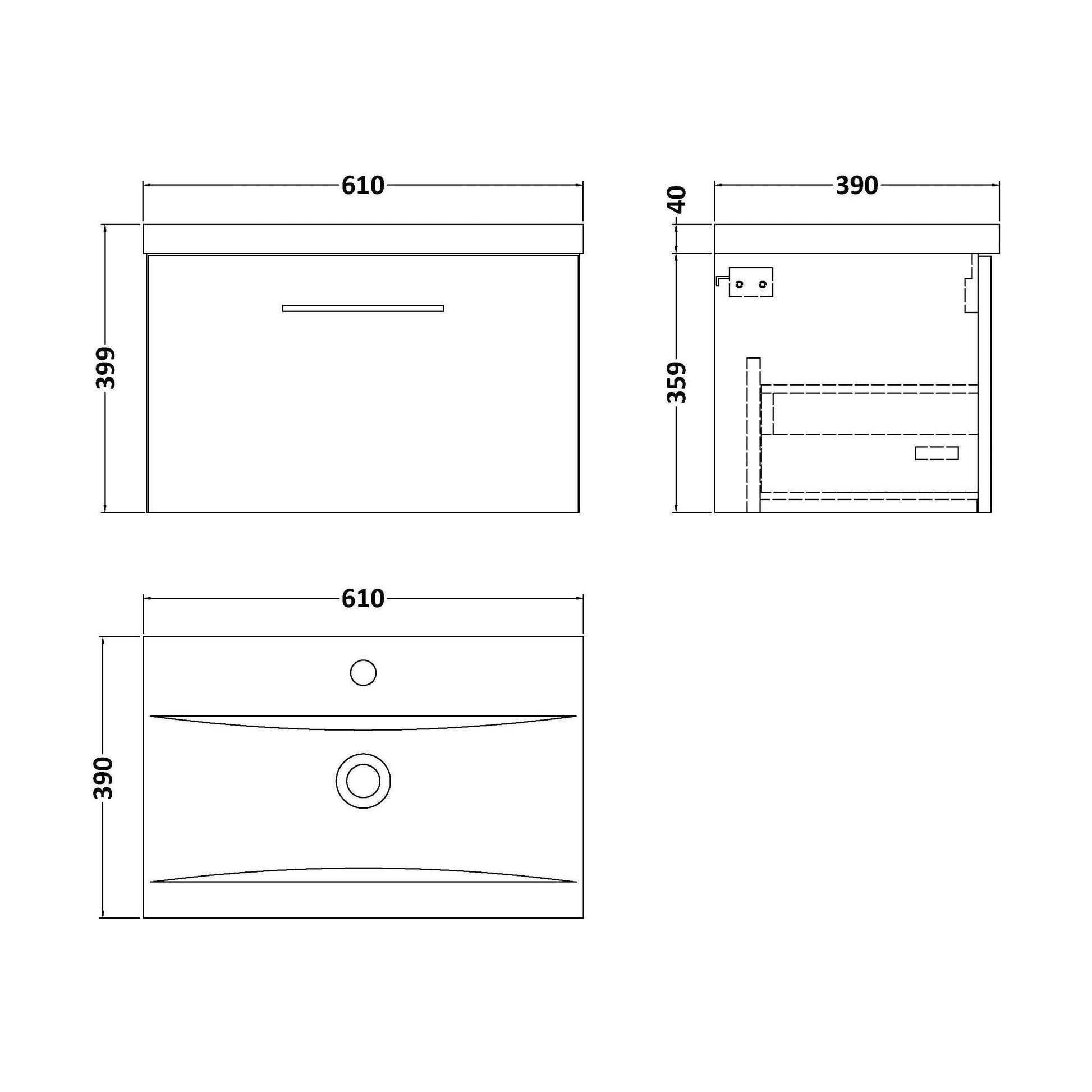 [BFLE1422AH019] Bramshall Wall Hung 1 Drawer Vanity Unit with Mid-Edge Ceramic Basin - Choice of Colour, Handle Finish and Size - Technical Drawing