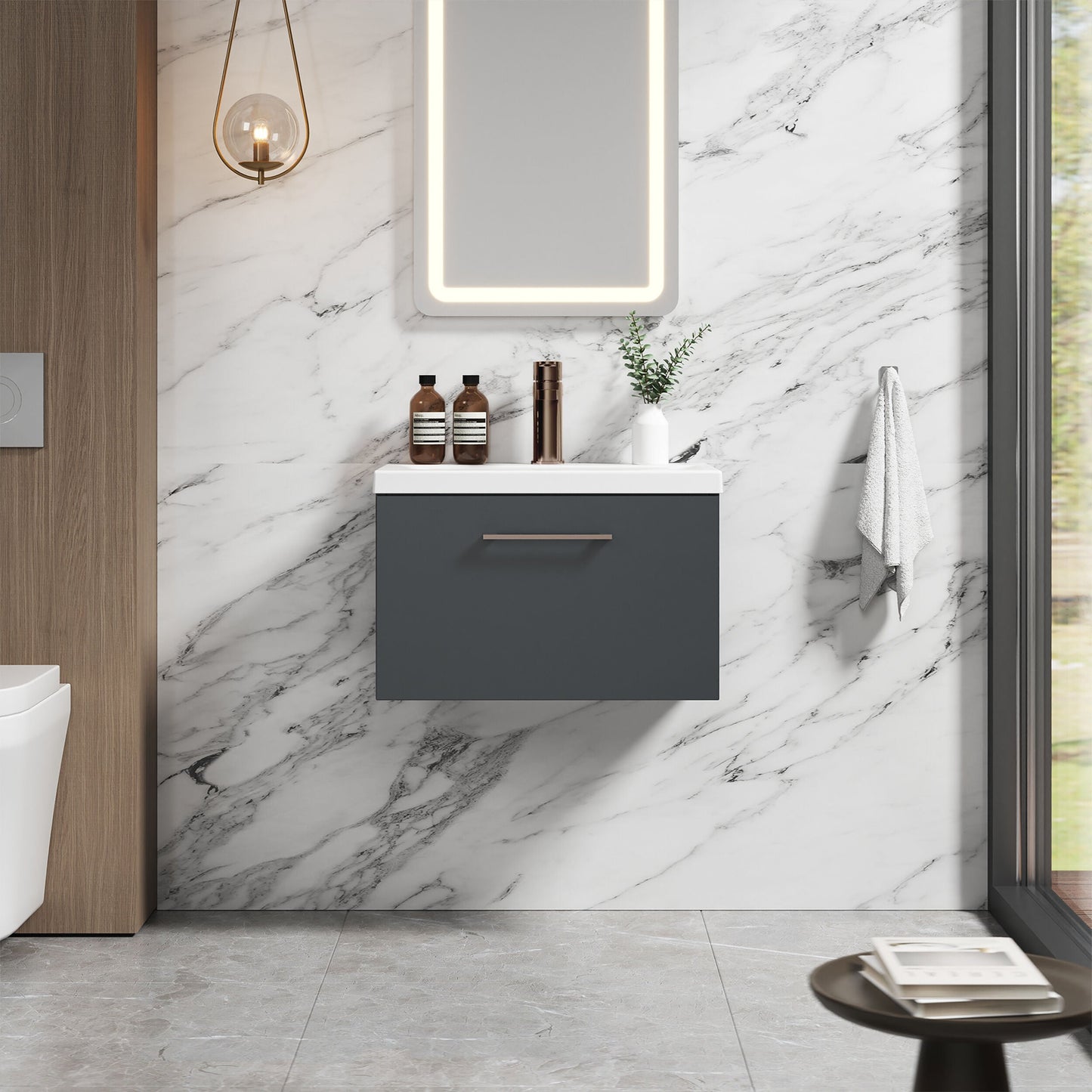 [BFLE1422AH1516] Bramshall Wall Hung 1 Drawer Vanity Unit with Mid-Edge Ceramic Basin - Choice of Colour, Handle Finish and Size - Lifestyle 1