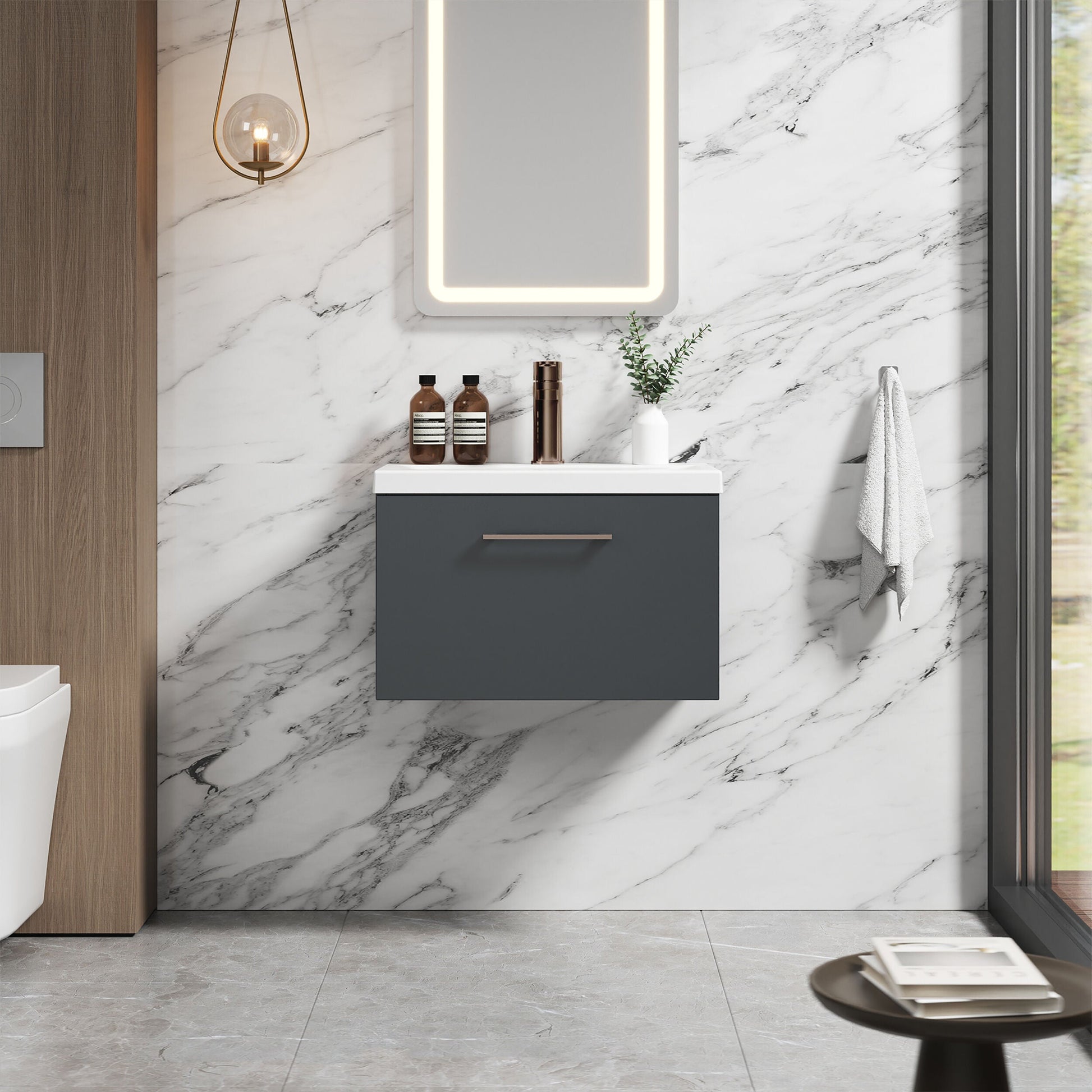 [BFLE1422AH1516] Bramshall Wall Hung 1 Drawer Vanity Unit with Mid-Edge Ceramic Basin - Choice of Colour, Handle Finish and Size - Lifestyle 1