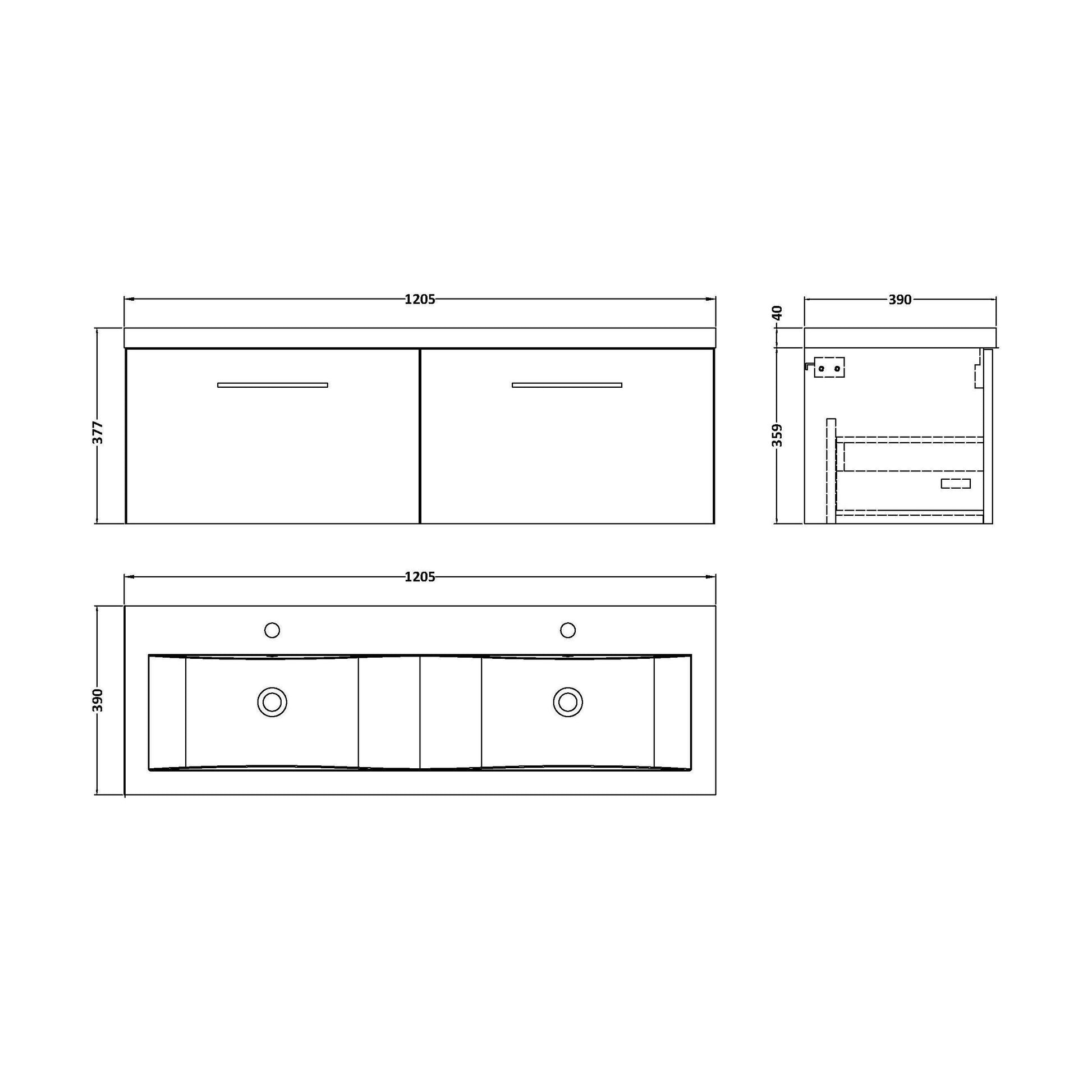 [BFLE1422F2] Bramshall Wall Hung 2 Drawer Vanity Basin Unit - 1200mm - Choice of Colour and Basin Type - Technical Drawing