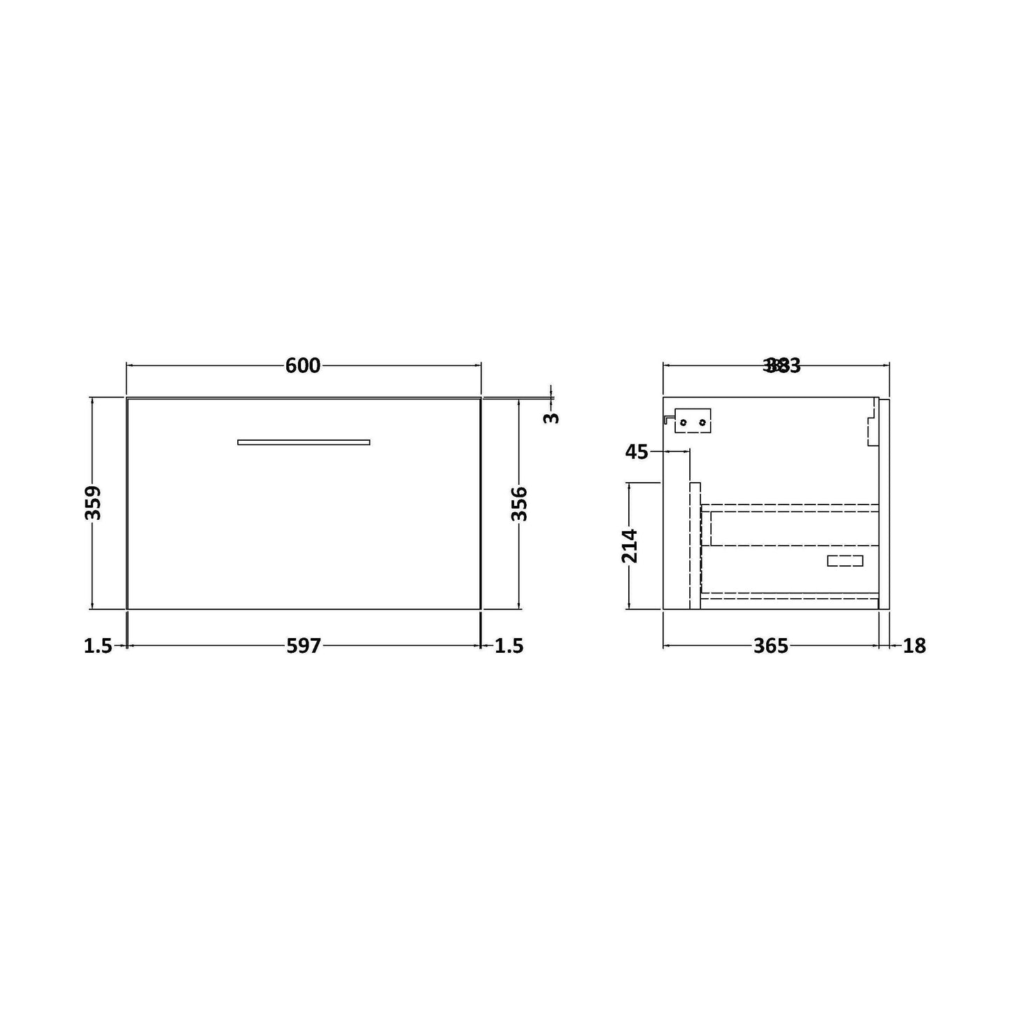 [BFLE1422F] 600 SINGLE DRAWER UNIT (365 Deep) - Technical Drawing