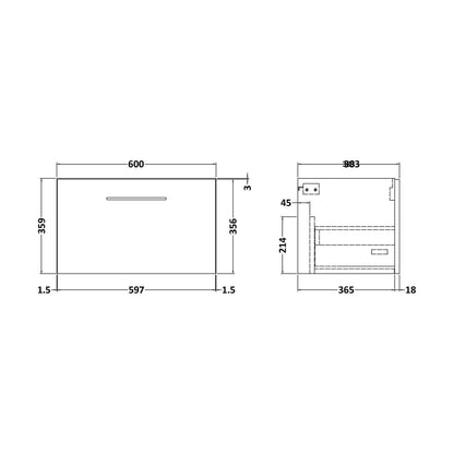 [BFLE1422F] 600 SINGLE DRAWER UNIT (365 Deep) - Technical Drawing