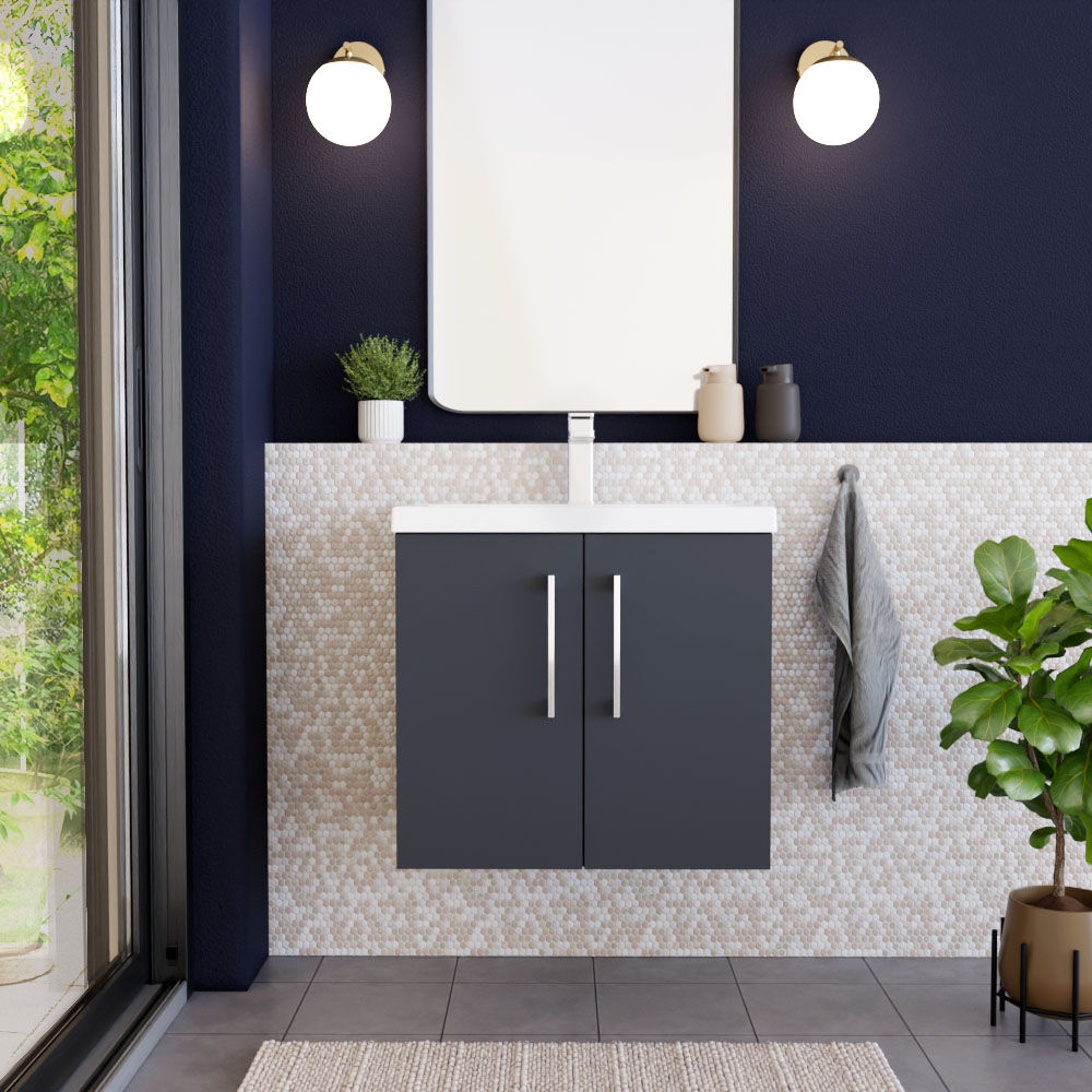 [BFLE1423A] Bramshall Contemporary 2 Door Wall Hung Vanity Basin Unit with Mid-Edge Basin, Choice of Size and Colour - Lifestyle 1
