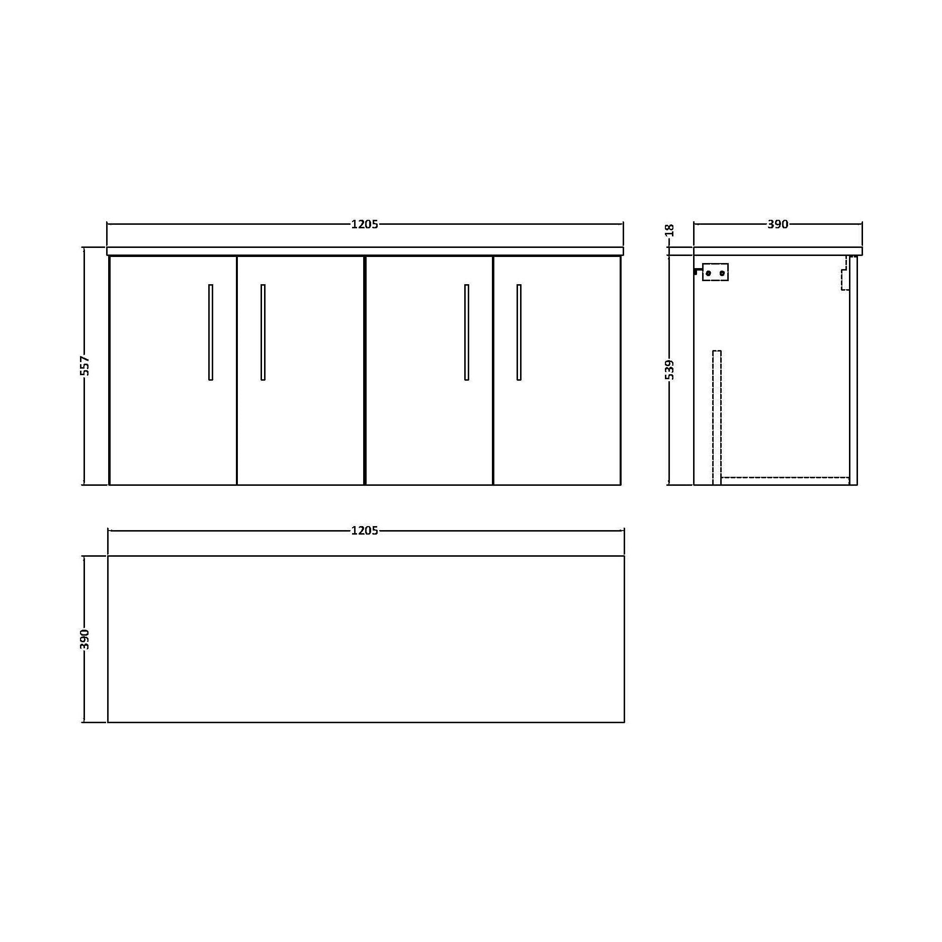 [BFLE1423W2] Balterley Level Modern Bathroom 1200mm Wall Hung 4-Door Vanity Unit with Laminate Worktop, Soft Close Doors, Dark Grey - Technical Drawing