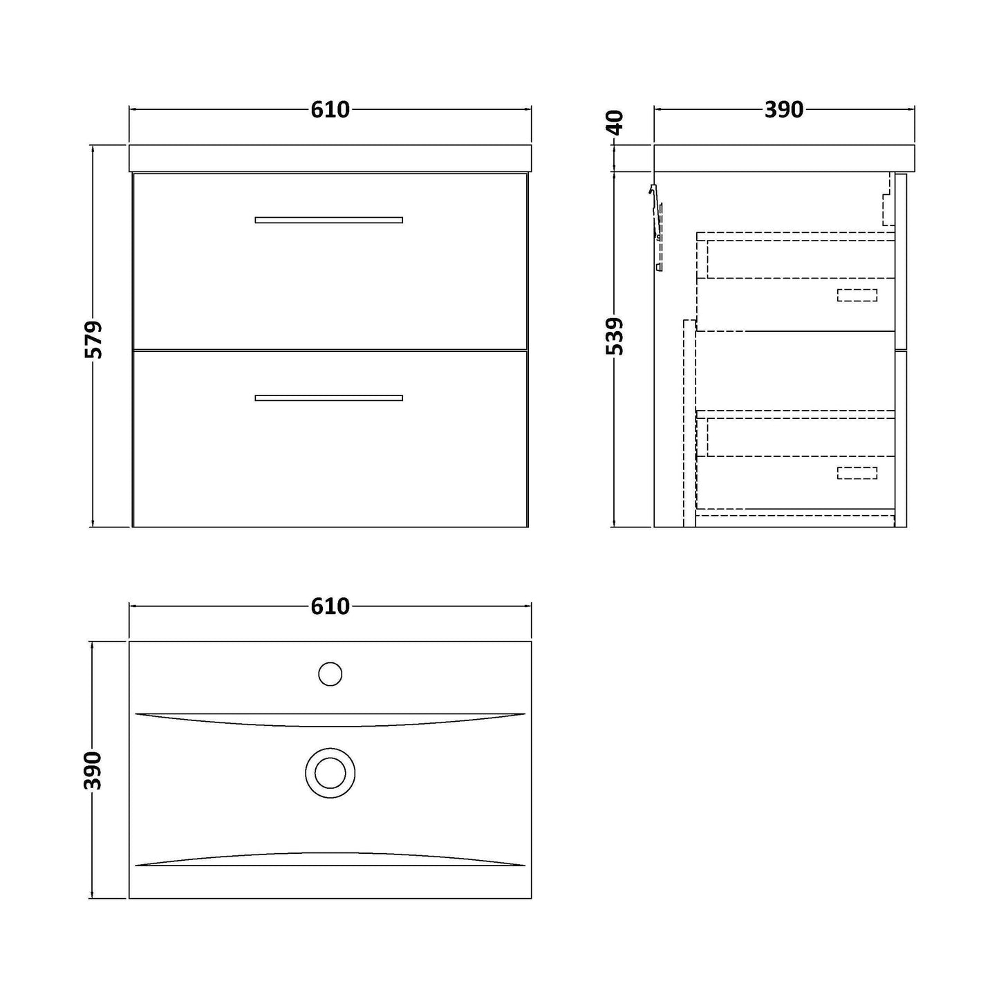 [BFLE1424AH017] Bramshall Wall Hung 2 Drawer Vanity Unit with Mid-Edge Ceramic Basin - Choice of Colour, Handle Finish and Size - Technical Drawing