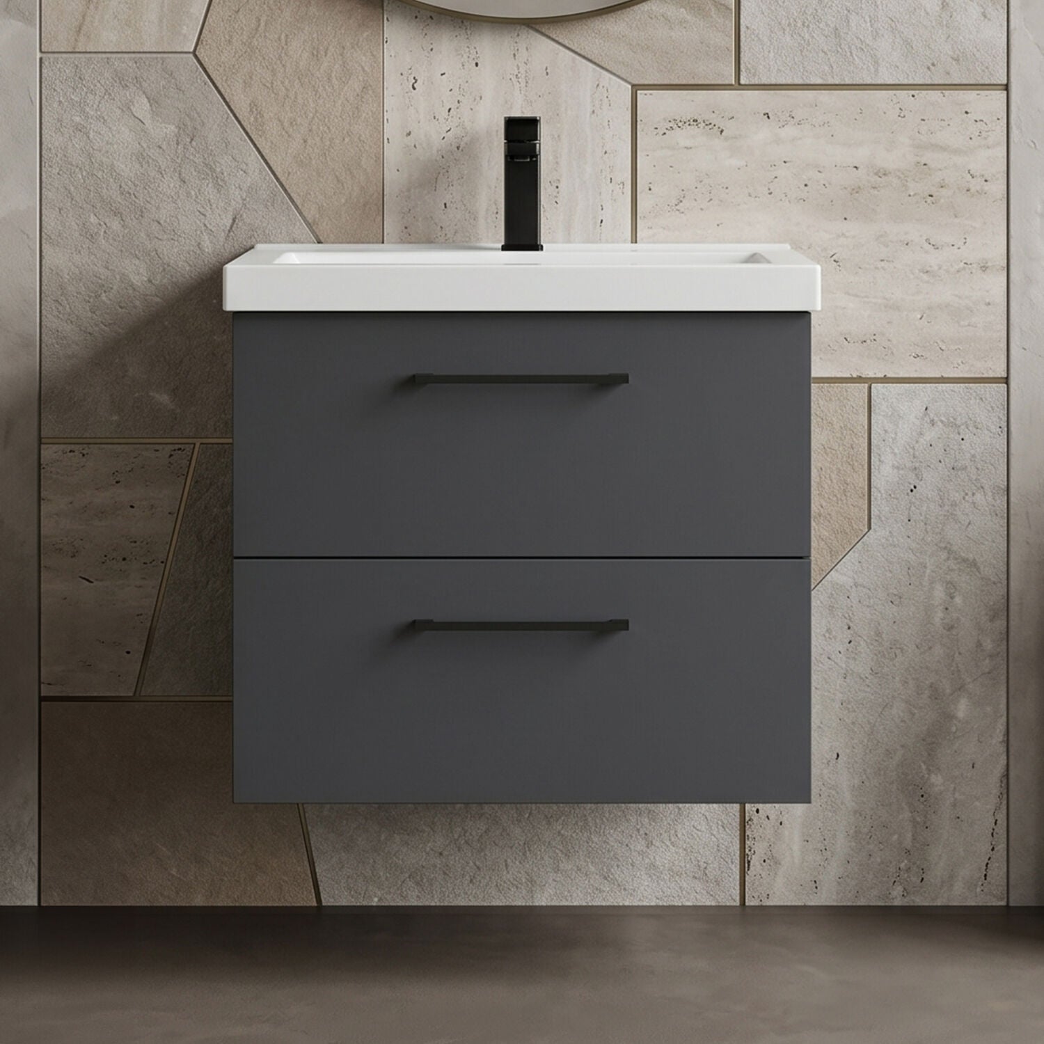 [BFLE1424AH018] Bramshall Wall Hung 2 Drawer Vanity Unit with Mid-Edge Ceramic Basin - Choice of Colour, Handle Finish and Size - Silo
