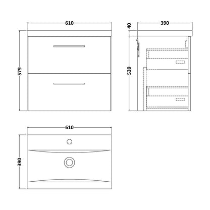 [BFLE1424AH019] Bramshall Wall Hung 2 Drawer Vanity Unit with Mid-Edge Ceramic Basin - Choice of Colour, Handle Finish and Size - Technical Drawing