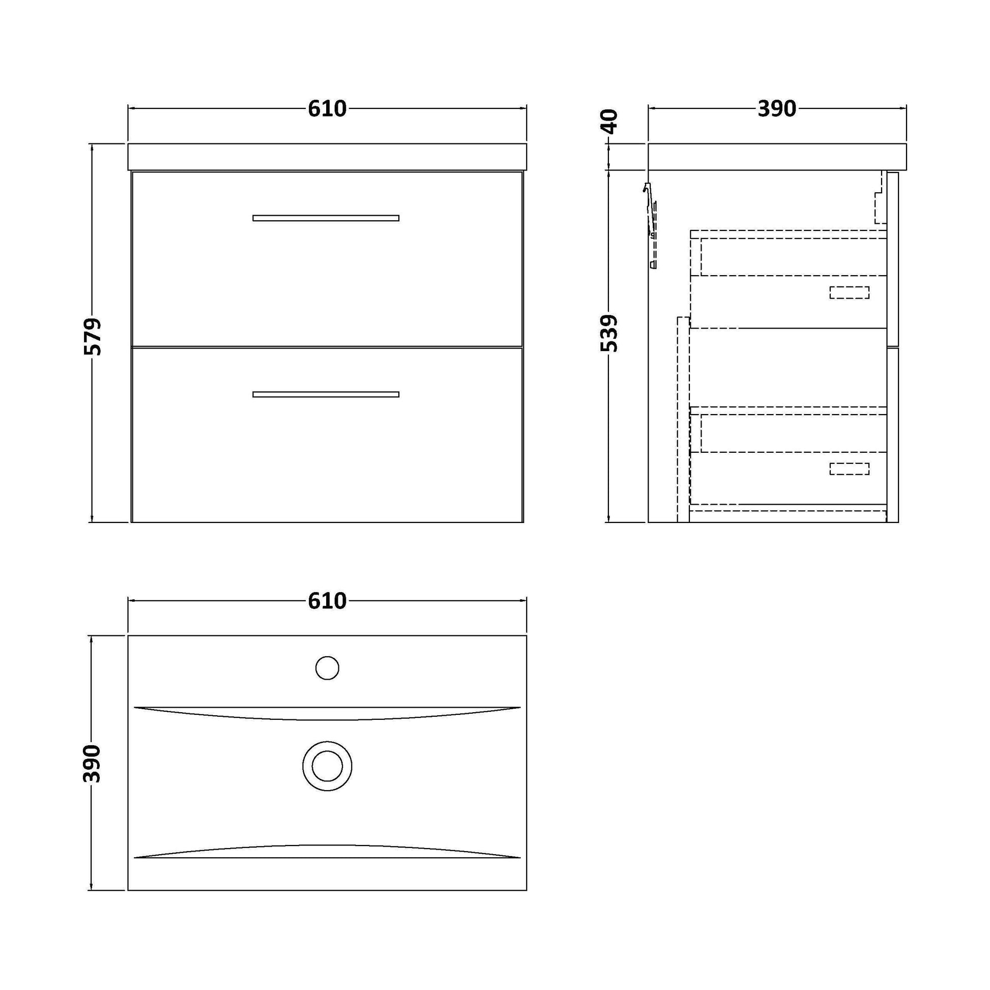 [BFLE1424AH019] Bramshall Wall Hung 2 Drawer Vanity Unit with Mid-Edge Ceramic Basin - Choice of Colour, Handle Finish and Size - Technical Drawing