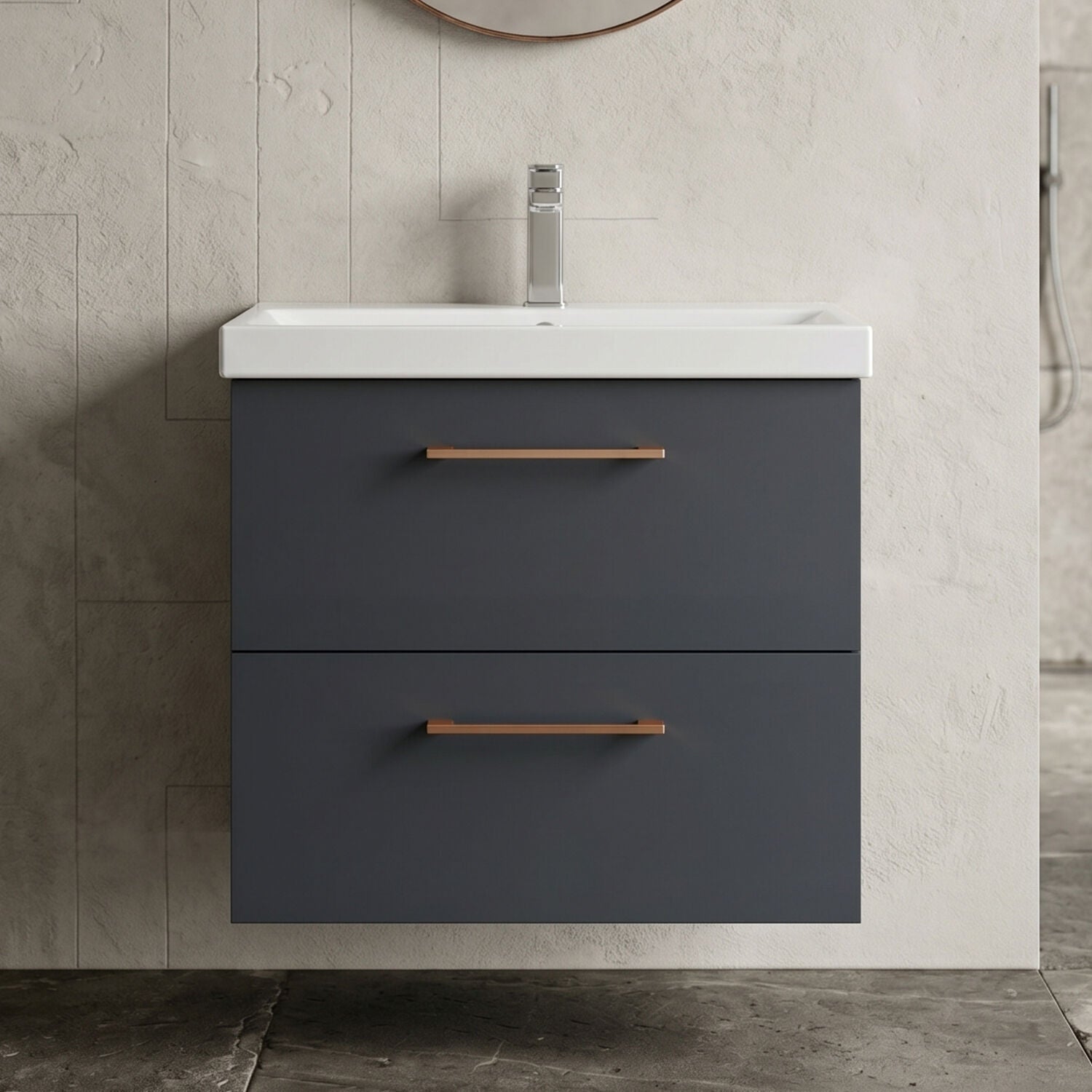 [BFLE1424AH019] Bramshall Wall Hung 2 Drawer Vanity Unit with Mid-Edge Ceramic Basin - Choice of Colour, Handle Finish and Size - Silo