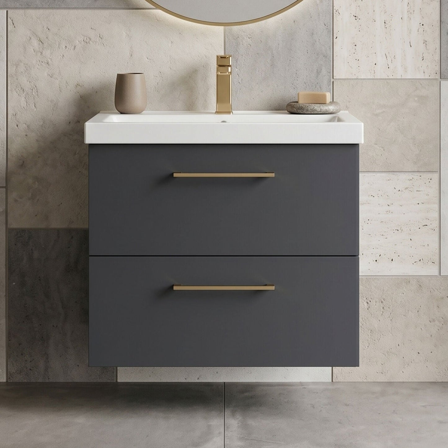 [BFLE1424AH716] Bramshall Wall Hung 2 Drawer Vanity Unit with Mid-Edge Ceramic Basin - Choice of Colour, Handle Finish and Size - Silo