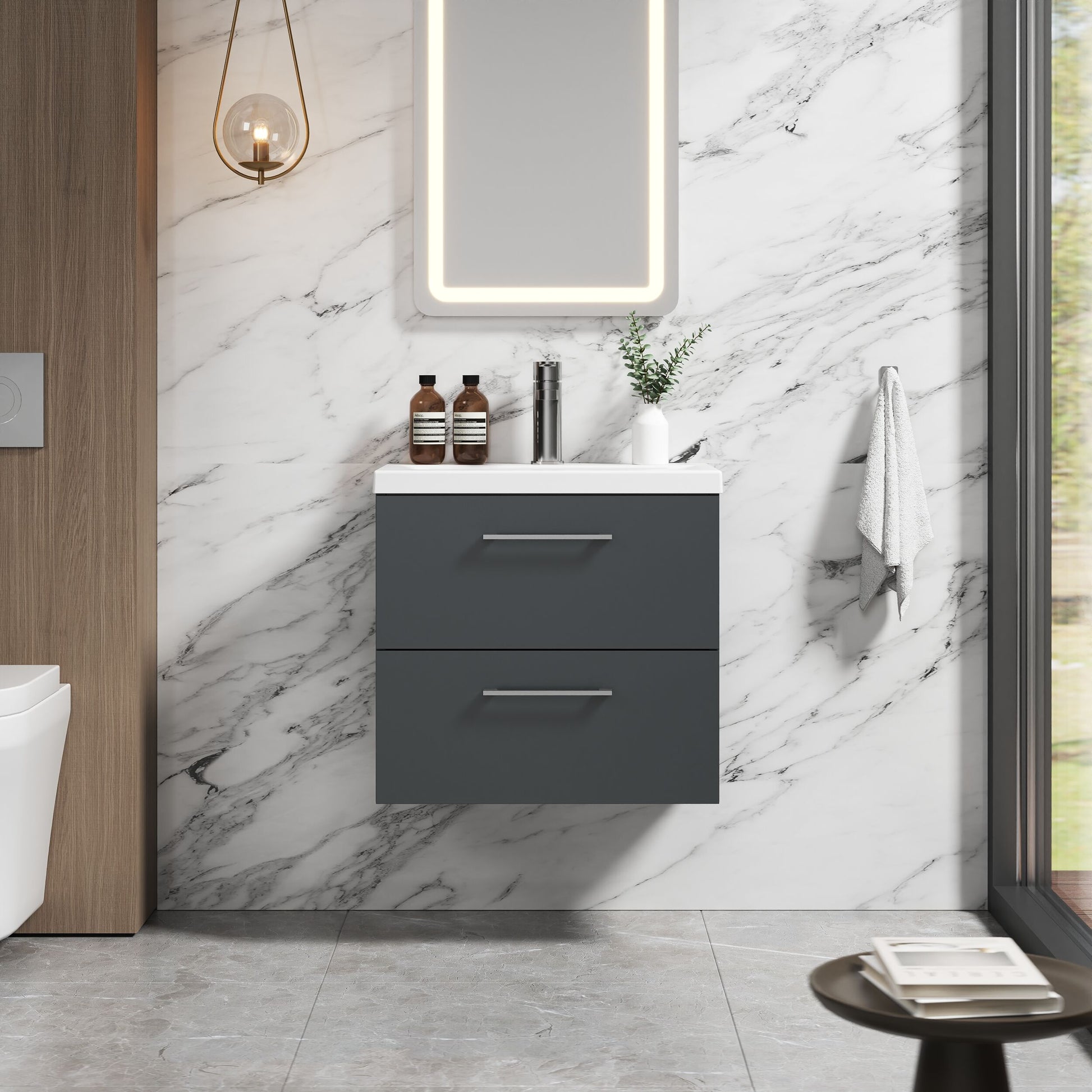 [BFLE1424A] Bramshall Wall Hung 2 Drawer Vanity Unit with Mid-Edge Ceramic Basin - Choice of Colour, Handle Finish and Size - Lifestyle 1