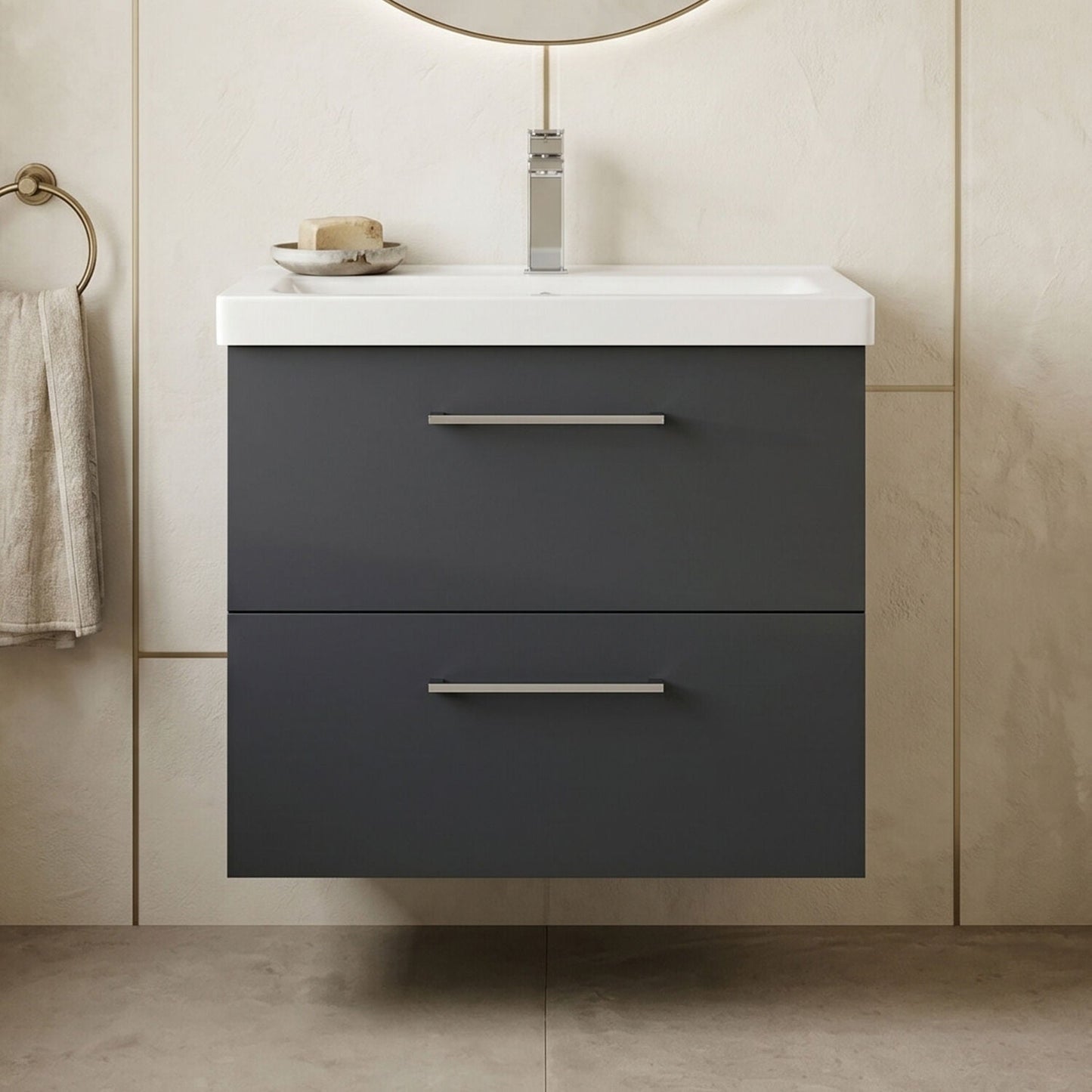 [BFLE1424A] Bramshall Wall Hung 2 Drawer Vanity Unit with Mid-Edge Ceramic Basin - Choice of Colour, Handle Finish and Size - Silo