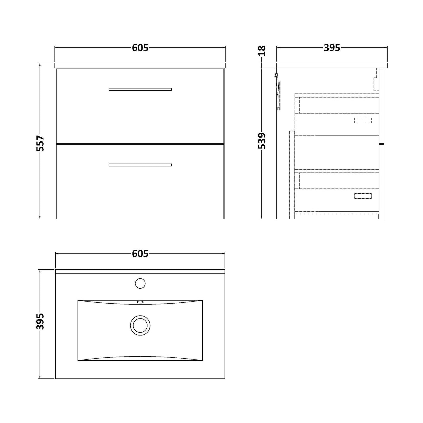[BFLE1424B] Balterley  Modern Bathroom 2 Soft Close Drawer & Minimalist Wall Hung Vanity Unit Basin, Dark Grey, 440mm - Technical Drawing
