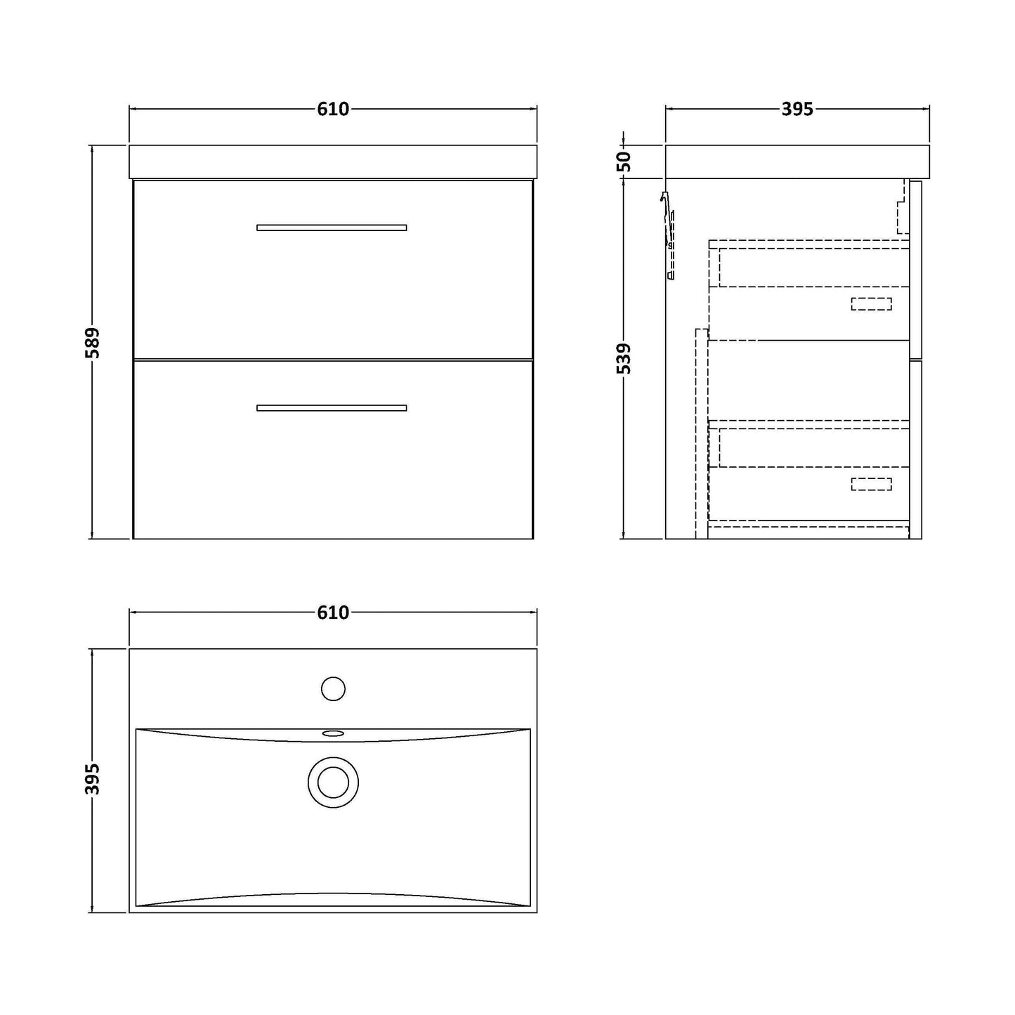 [BFLE1424D] Balterley  Contemporary Bathroom 2 Soft Close Drawer & Thin-Edge Wall Hung Vanity Unit Basin, Dark Grey, 600mm - Technical Drawing
