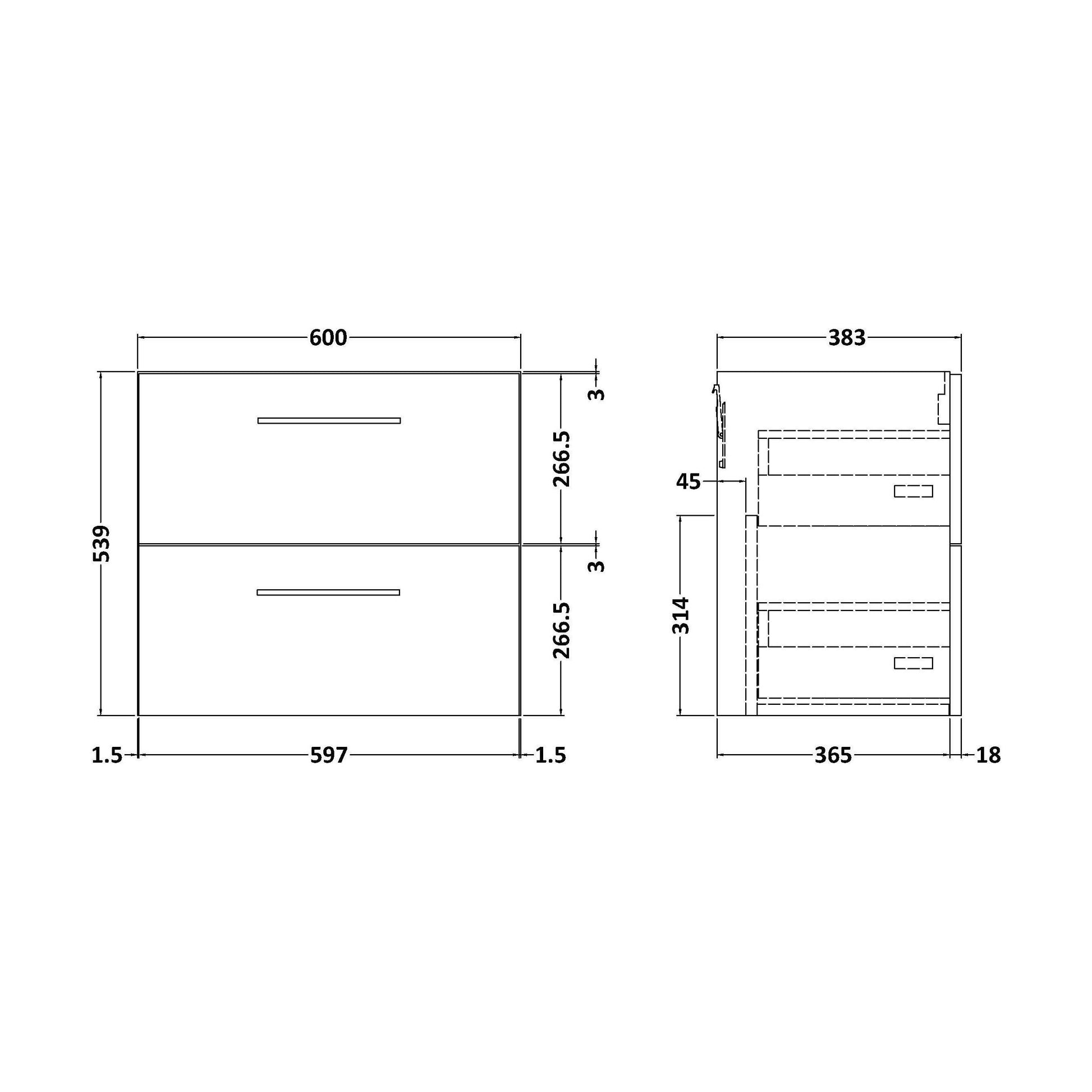 [BFLE1424F] 600 WH 2-DRAWER UNIT (365 DEEP) - Technical Drawing