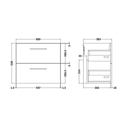 [BFLE1424F] 600 WH 2-DRAWER UNIT (365 DEEP) - Technical Drawing