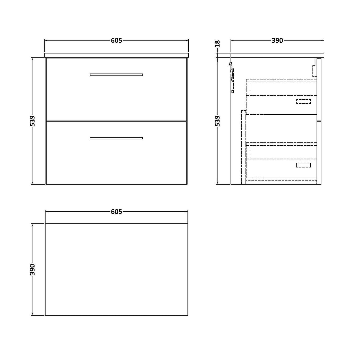 [BFLE1424W] Balterley Level Modern Bathroom 600mm Wall Hung 2 Soft Close Drawer Vanity Unit, Laminate Worktop, 557 x 605 x 383mm, Dark Grey - Technical Drawing