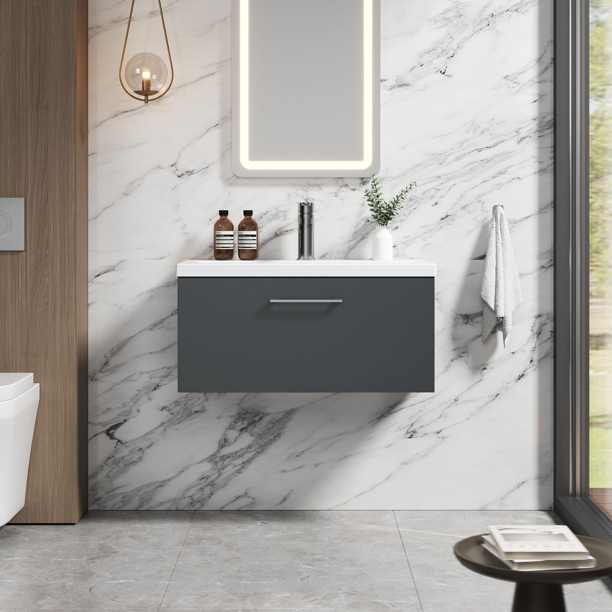 [BFLE1425A] Bramshall Wall Hung 1 Drawer Vanity Unit with Mid-Edge Ceramic Basin - Choice of Colour, Handle Finish and Size - Lifestyle 1