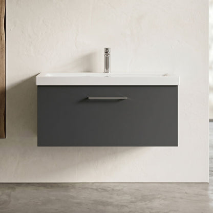 [BFLE1425A] Bramshall Wall Hung 1 Drawer Vanity Unit with Mid-Edge Ceramic Basin - Choice of Colour, Handle Finish and Size - Silo