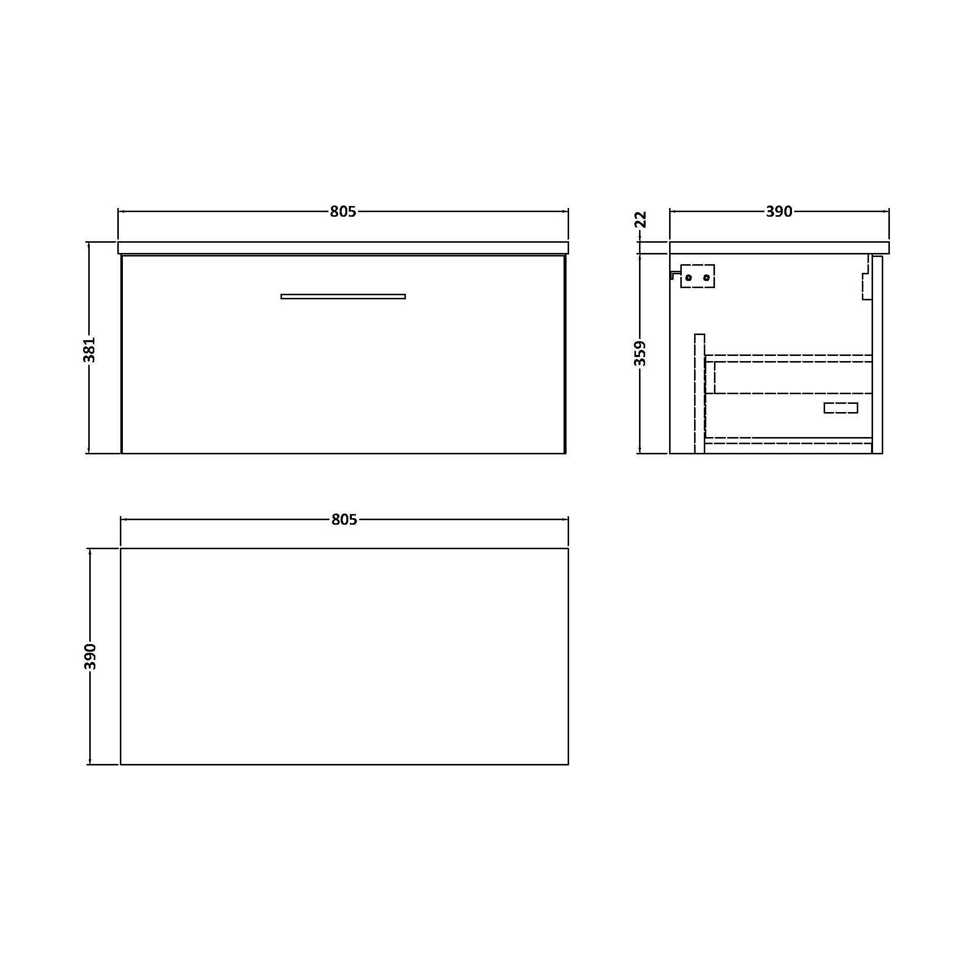 [BFLE1425LBG] Balterley Level 800mm Wall Hung Single Drawer Vanity Unit with Laminate Worktop for Compact Modern Bathroom Storage - Dark Grey - Technical Drawing