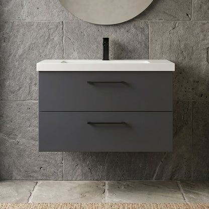[BFLE1426AH018] Bramshall Wall Hung 2 Drawer Vanity Unit with Mid-Edge Ceramic Basin - Choice of Colour, Handle Finish and Size - Silo