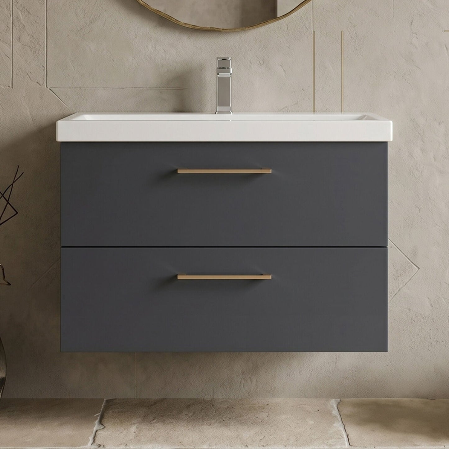 [BFLE1426AH019] Bramshall Wall Hung 2 Drawer Vanity Unit with Mid-Edge Ceramic Basin - Choice of Colour, Handle Finish and Size - Silo