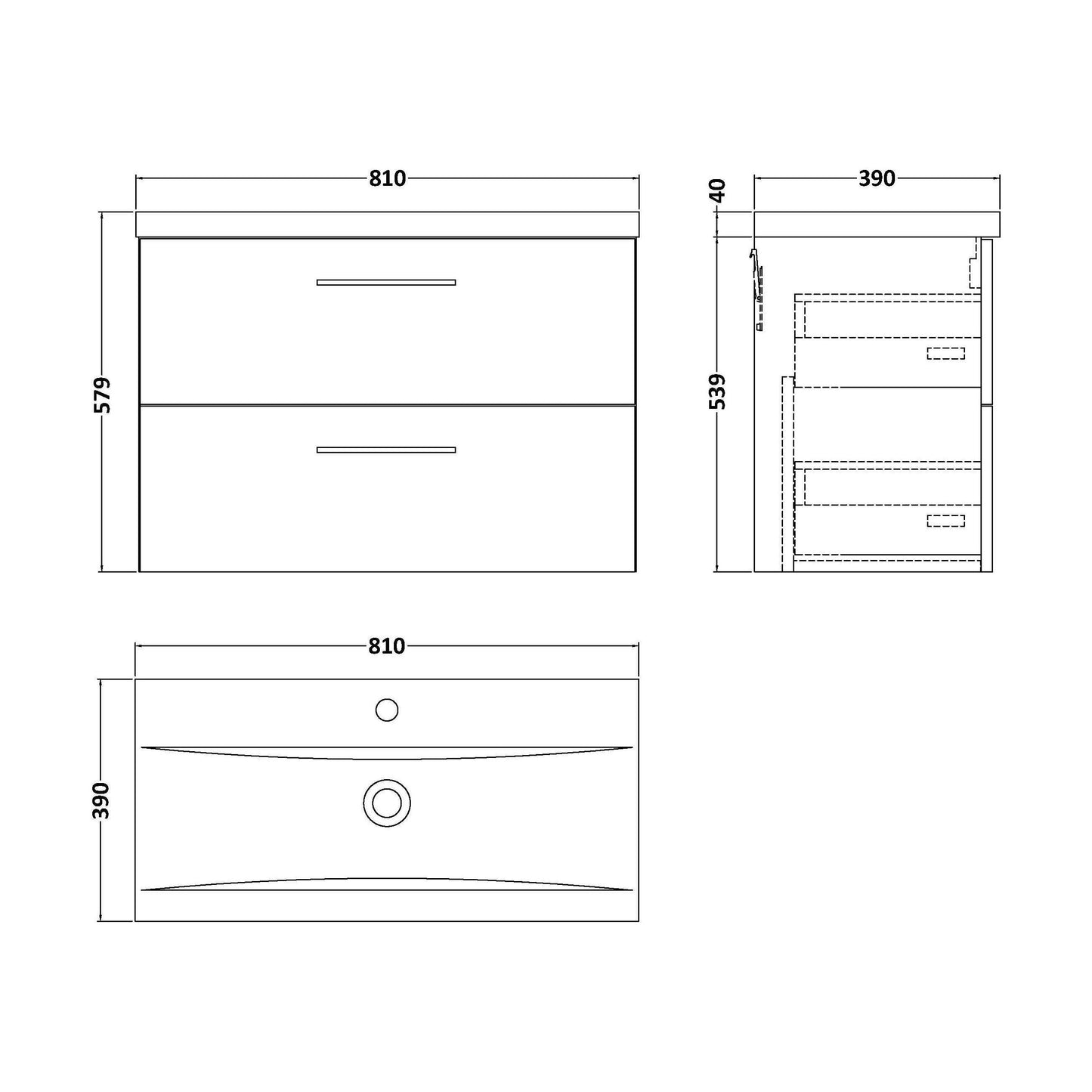 [BFLE1426AH716] Bramshall Wall Hung 2 Drawer Vanity Unit with Mid-Edge Ceramic Basin - Choice of Colour, Handle Finish and Size - Technical Drawing