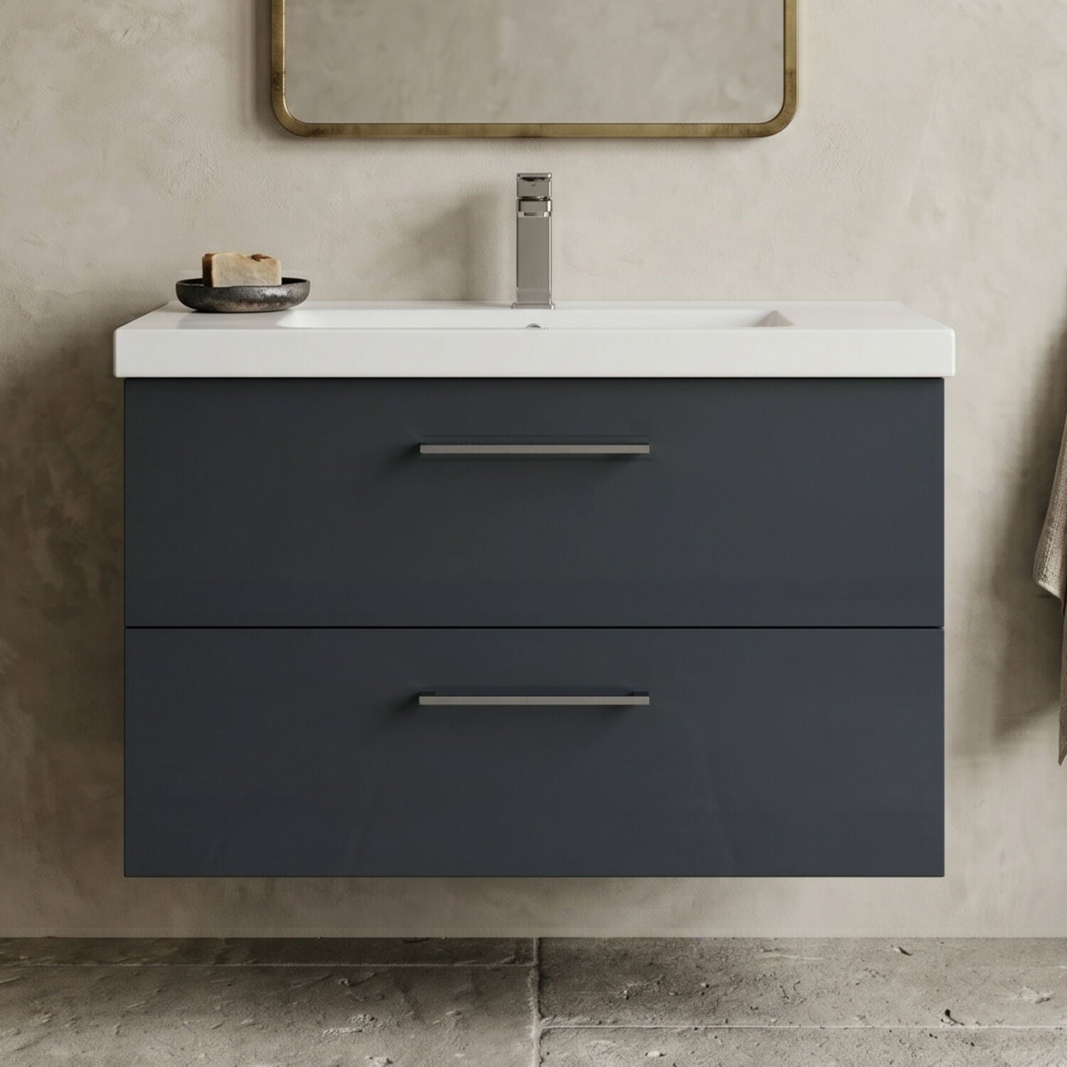 [BFLE1426AH716] Bramshall Wall Hung 2 Drawer Vanity Unit with Mid-Edge Ceramic Basin - Choice of Colour, Handle Finish and Size - Silo