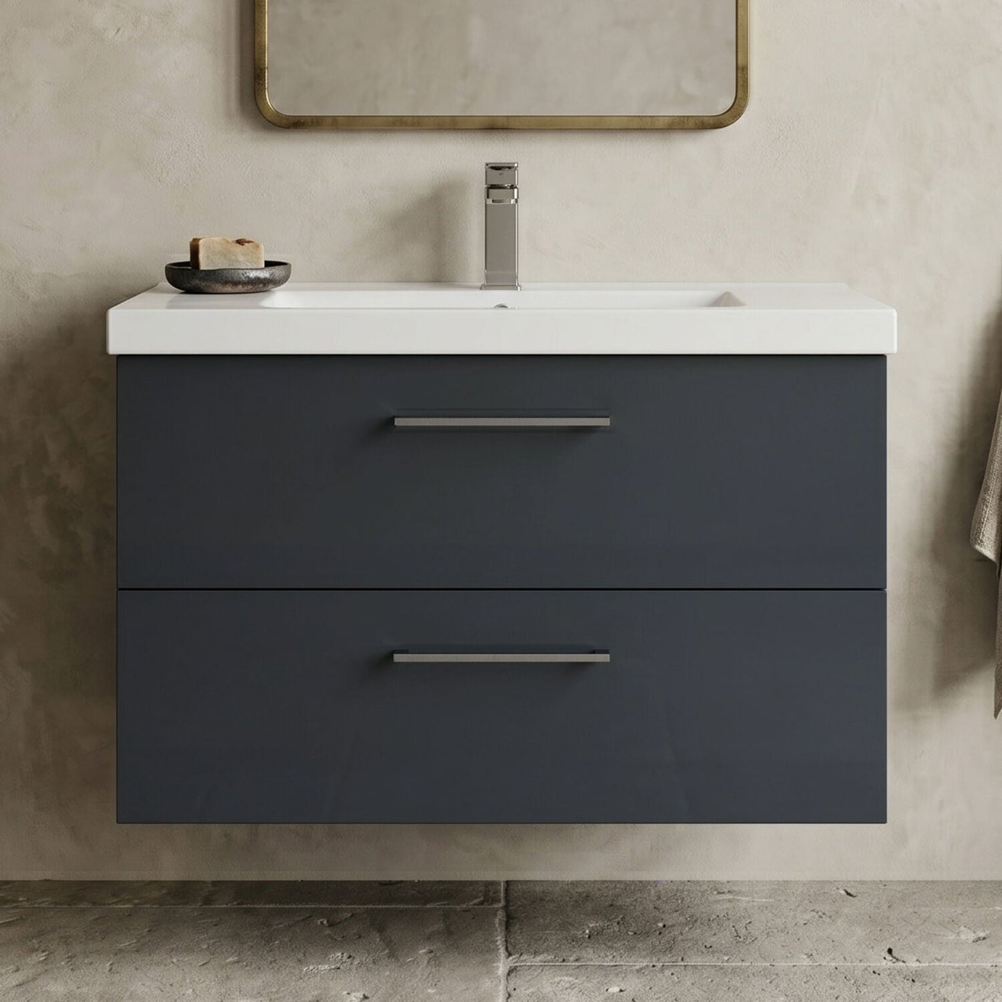 [BFLE1426AH716] Bramshall Wall Hung 2 Drawer Vanity Unit with Mid-Edge Ceramic Basin - Choice of Colour, Handle Finish and Size - Silo