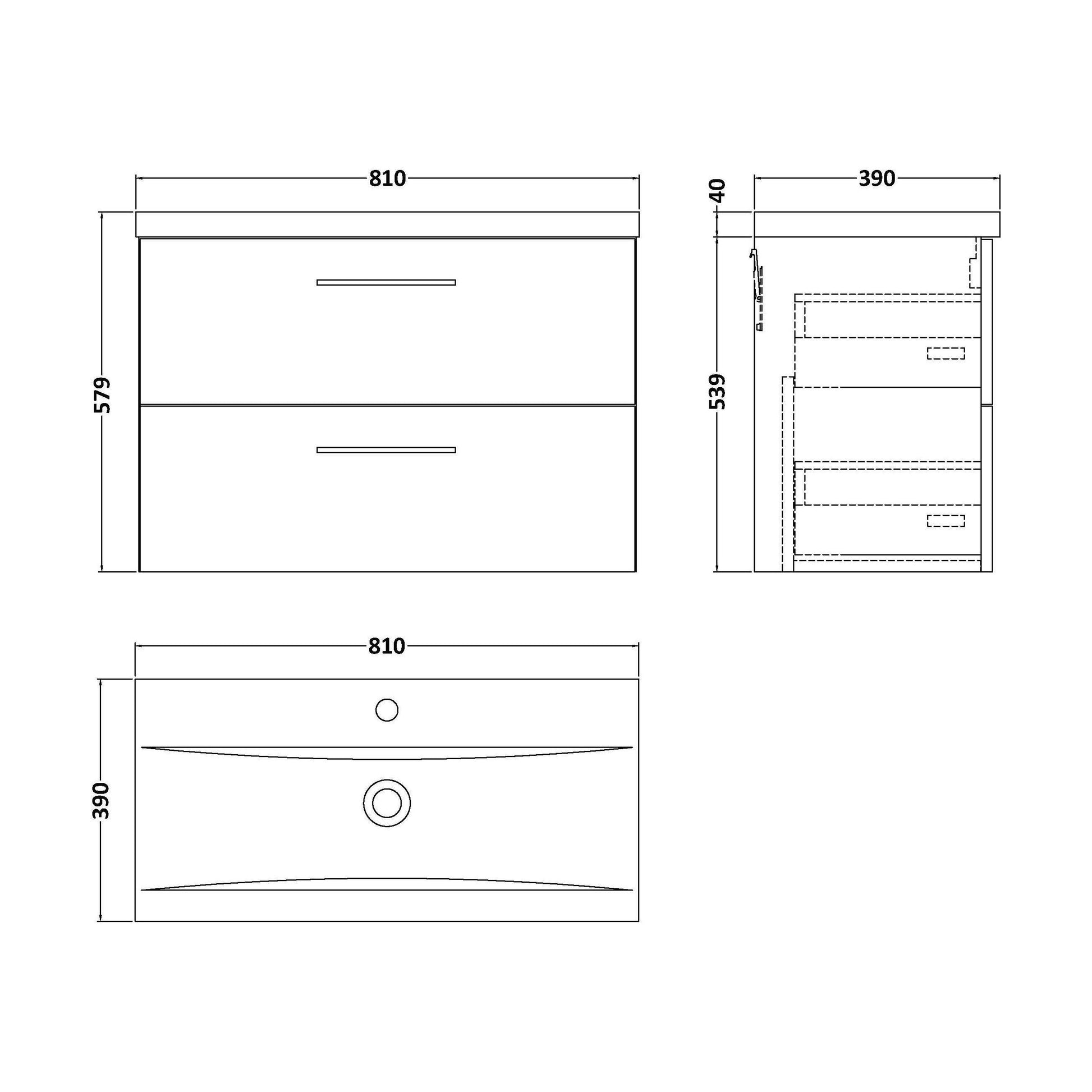 [BFLE1426A] Bramshall Wall Hung 2 Drawer Vanity Unit with Mid-Edge Ceramic Basin - Choice of Colour, Handle Finish and Size - Technical Drawing